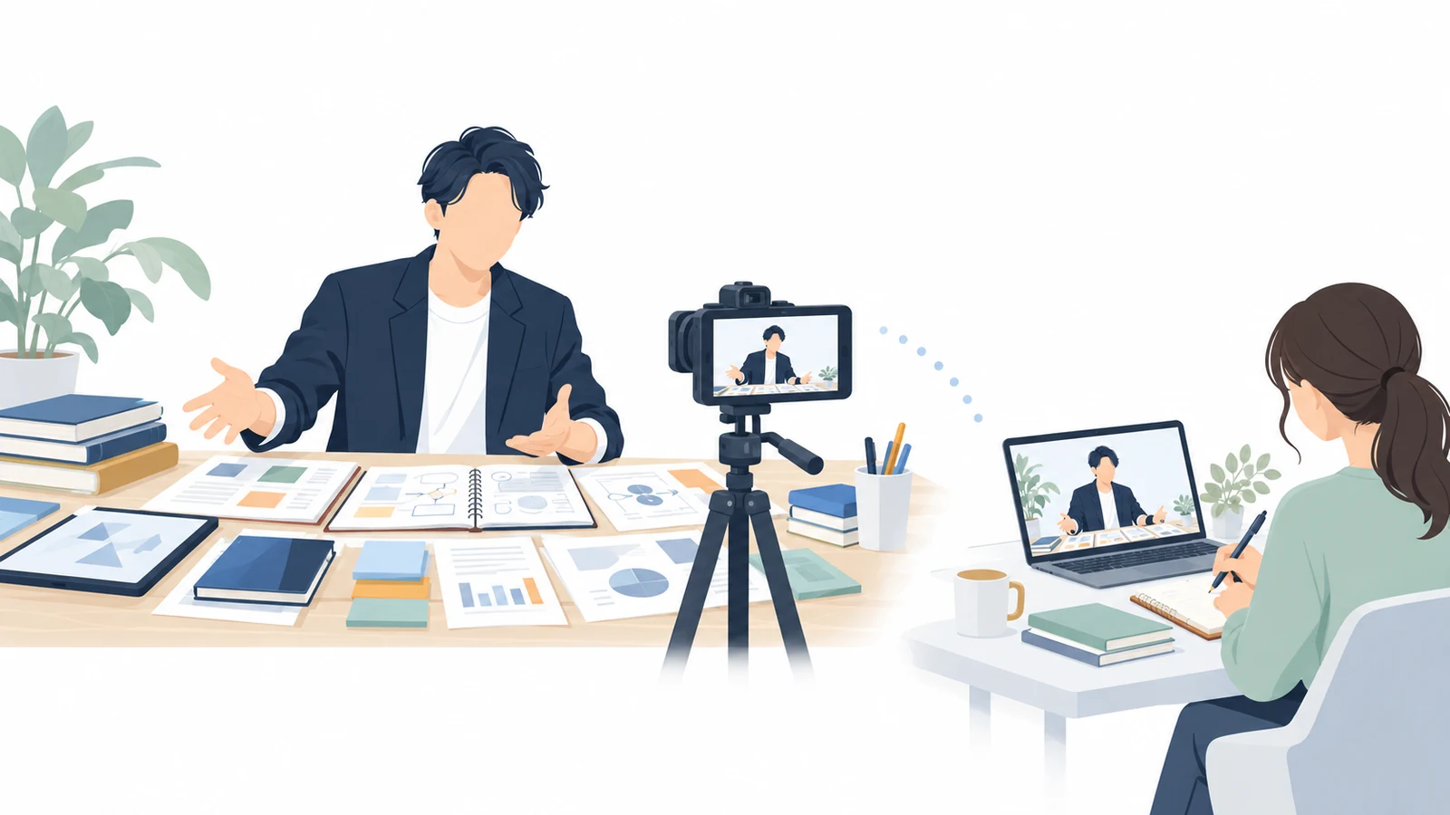 起業家が動画でノウハウを公開し、視聴者が学ぶ場面