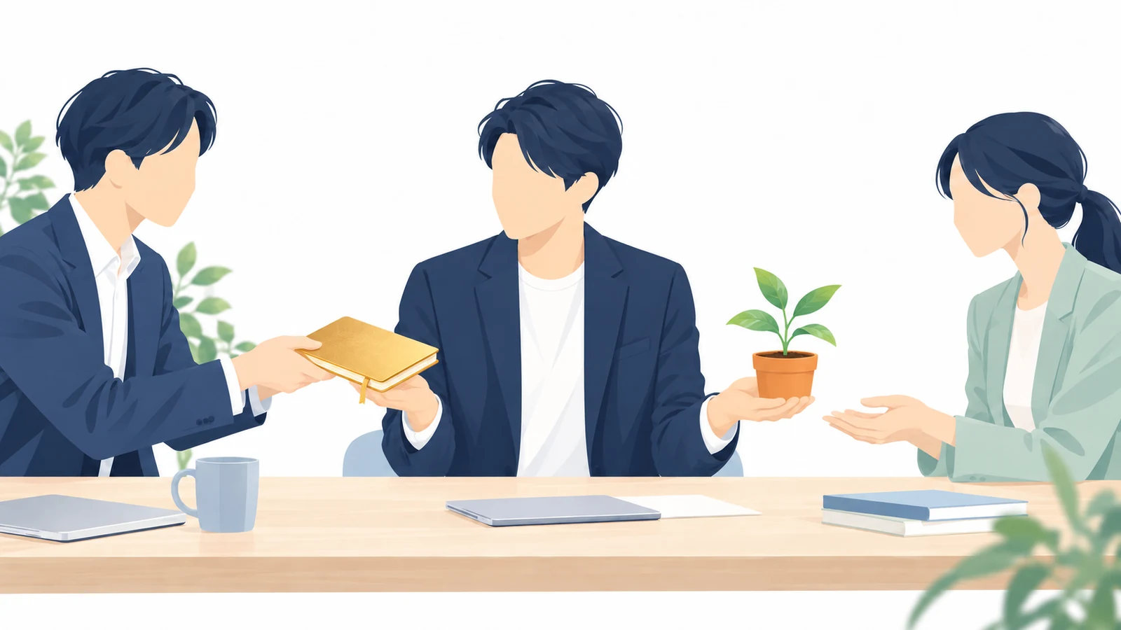 左から受け取ったノートを手にし、右へ植物を渡す人たち。親切を次へつなぐ場面