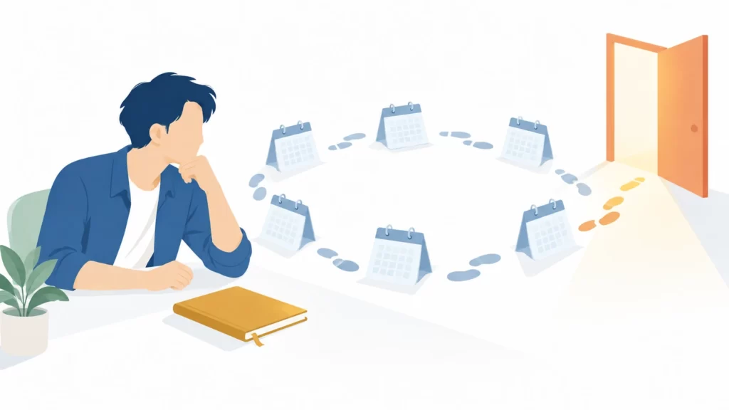 いつもの日々を示すカレンダーの輪と、新しい扉を見つめる起業家のイラスト