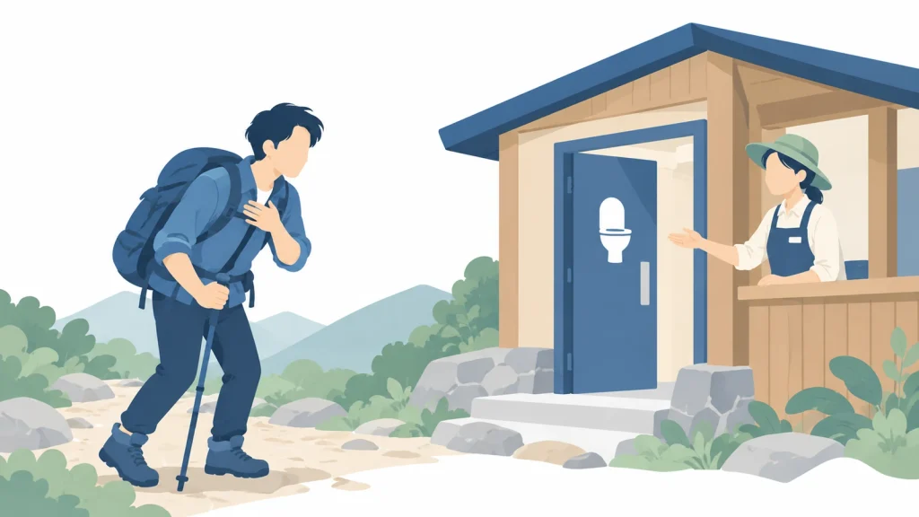 山道で困っている登山者に、山小屋のトイレを案内する人