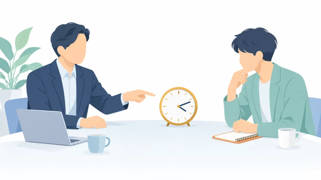 面談で時計を示し、相手の時間を意識する二人のイラスト