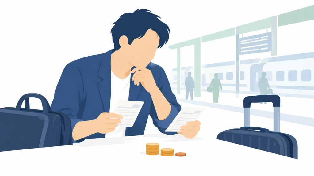 駅で出張費のレシートと小銭を見比べる会社員