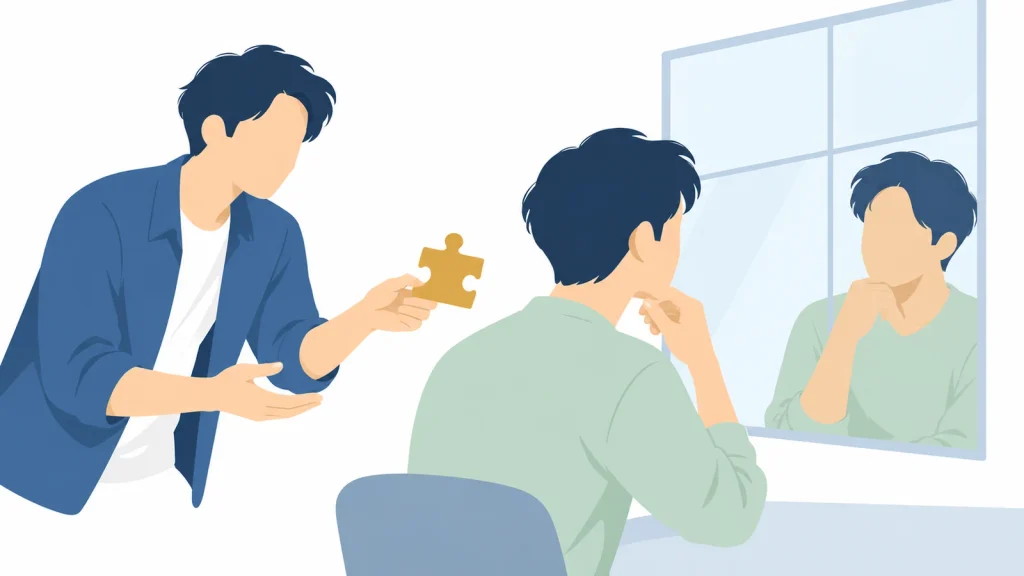 鏡の前で自分を見つめる人に、同僚が気づきを示すパズルのピースを渡すイラスト