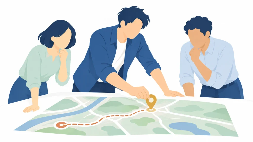 チームの進む道を地図で示し、目的地を決めるリーダーのイラスト