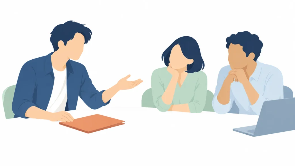 自分はできると話す人に対し、同僚が静かに反応する会議のイラスト