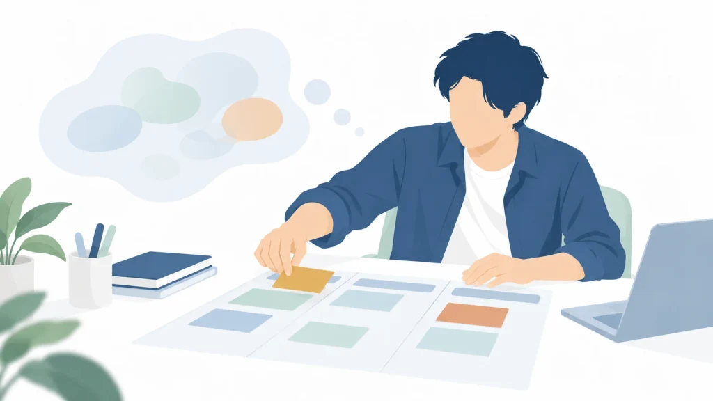 曖昧な考えを手放し、具体的な行動計画にカードを置く起業家のイラスト
