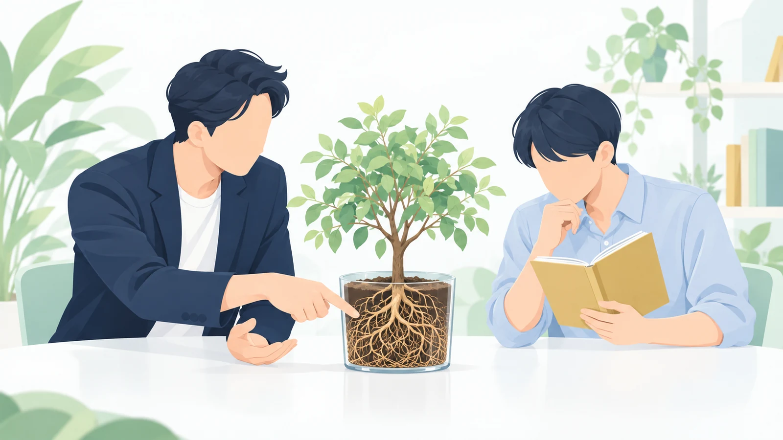 助言者が透明な鉢の根を指し、学ぶ人がやり方の本を手に考えるイラスト