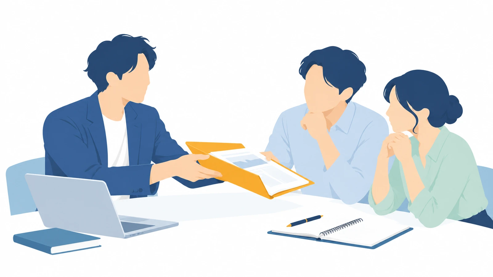 起業家が二人の仲間に役立つ資料を手渡し、知識を分け合う場面