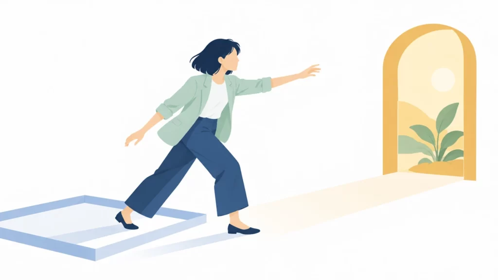 慣れた枠から踏み出し、新しい可能性へ向かう起業家のイラスト
