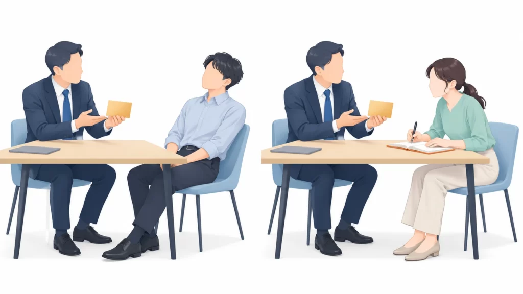 助言を受けてためらう人と、ノートを開いて質問する人を対比したイラスト