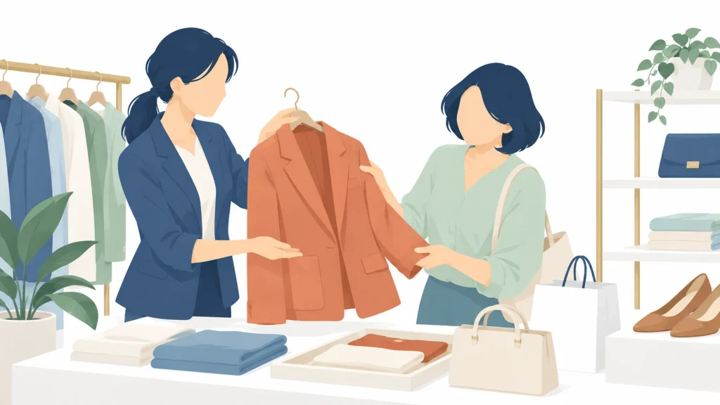 自分に合うオレンジ色の服を選び、店員の提案を受けるお客