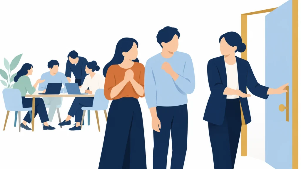 仲間を出口へ誘う人と、残って活動するコミュニティのイラスト