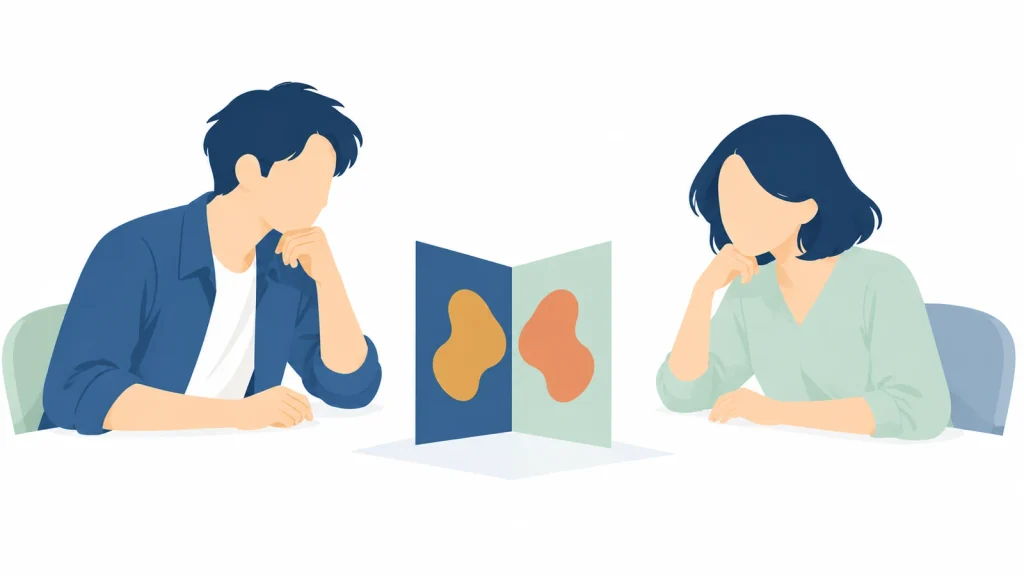 向き合う二人が、相手への感じ方に自分の内面が映ると気づくイラスト