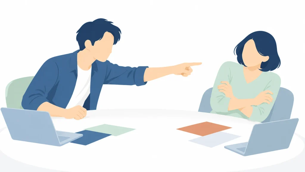 指を向けられて身構える相手を描いた、伝え方による反発のイラスト