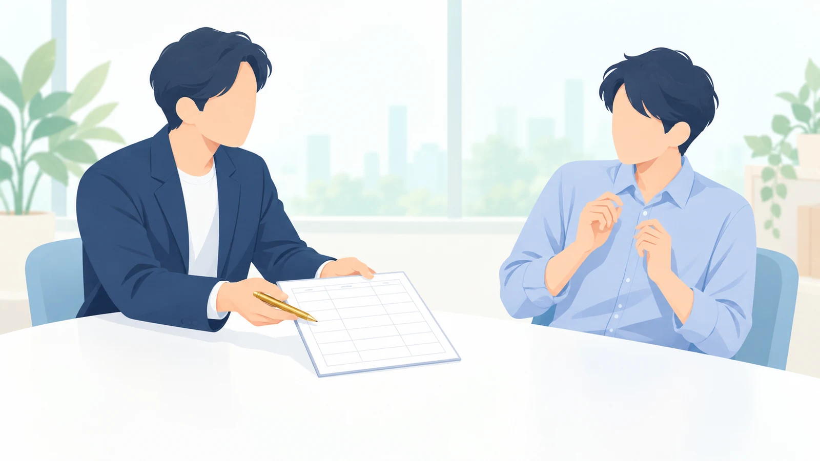 見込み客の一覧表を差し出す助言者と、実行をためらう相談者のイラスト
