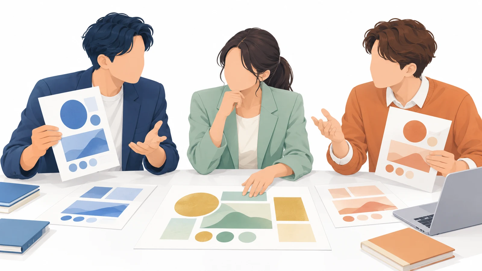 異なる提案を持ち寄り、率直に話し合う3人のチームメンバー