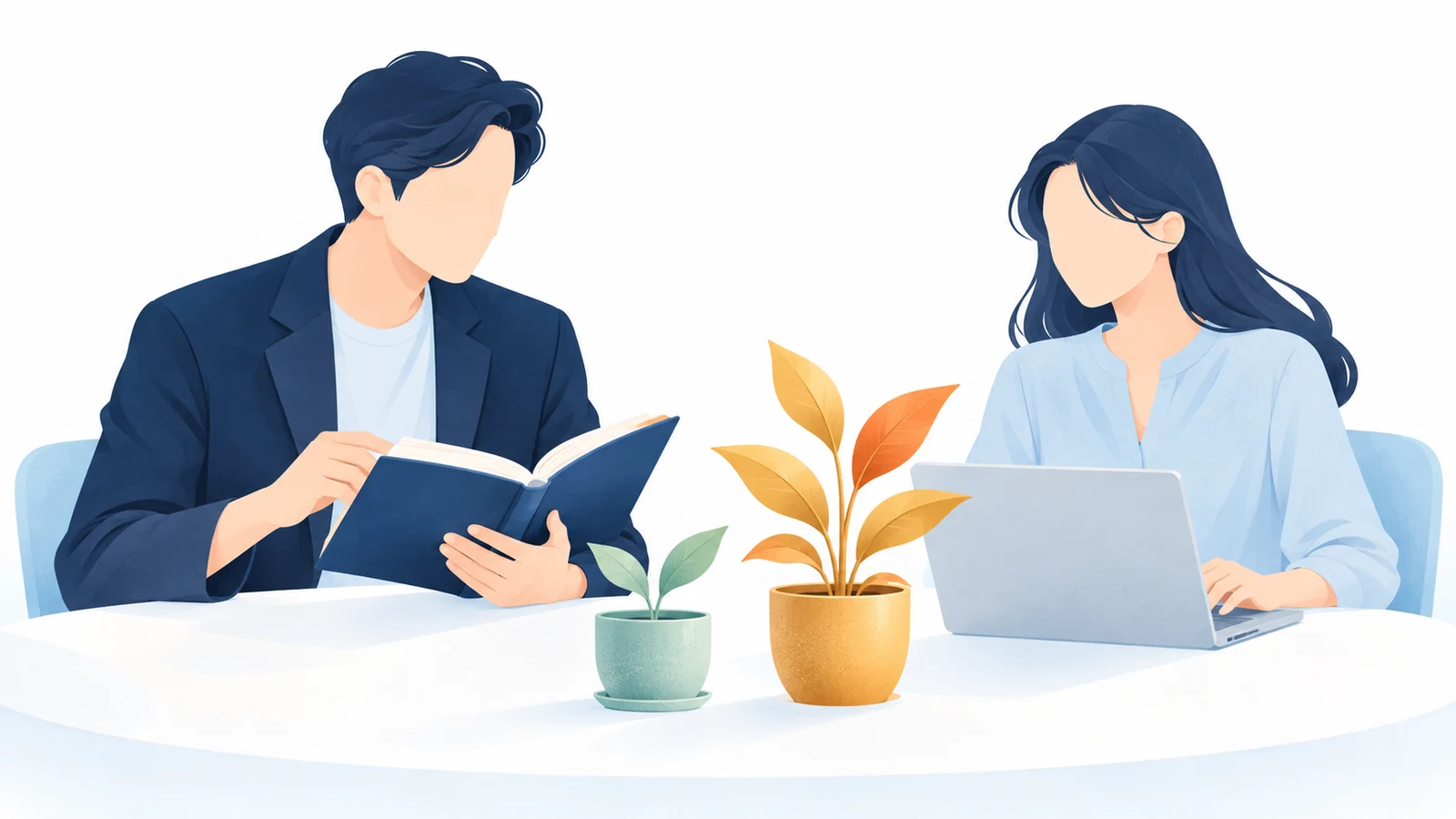 本を読む指導者と仕事を進めるクライアント。二人の成長を表す鉢植え