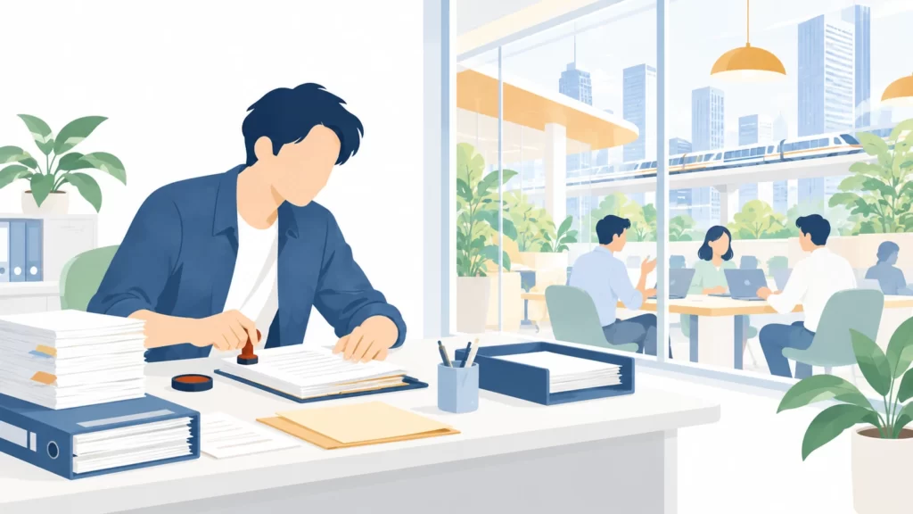従来の紙仕事を続ける人と、変化する職場の様子を対比したイラスト