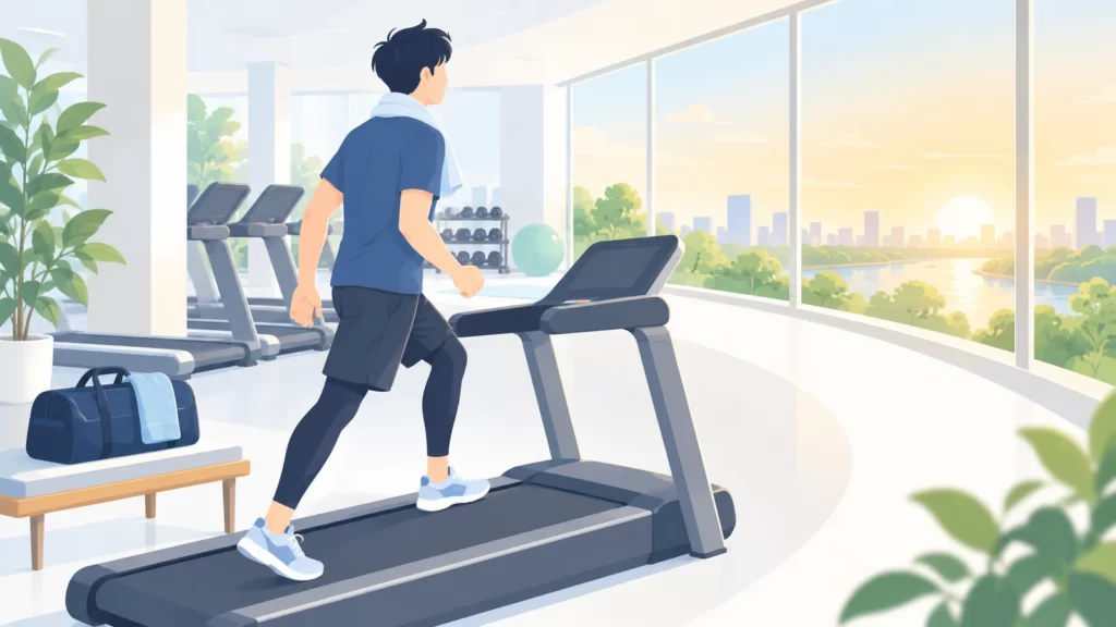 やる気を待たずにジムのランニングマシンで歩き始める人のイラスト