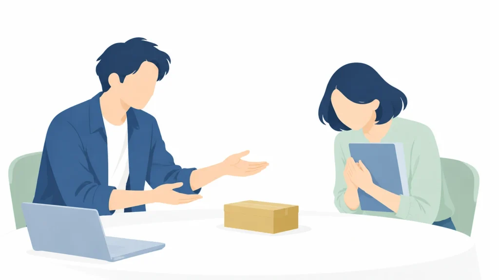 役立つ提案を受けて資料を抱え、感謝の気持ちを伝えるお客