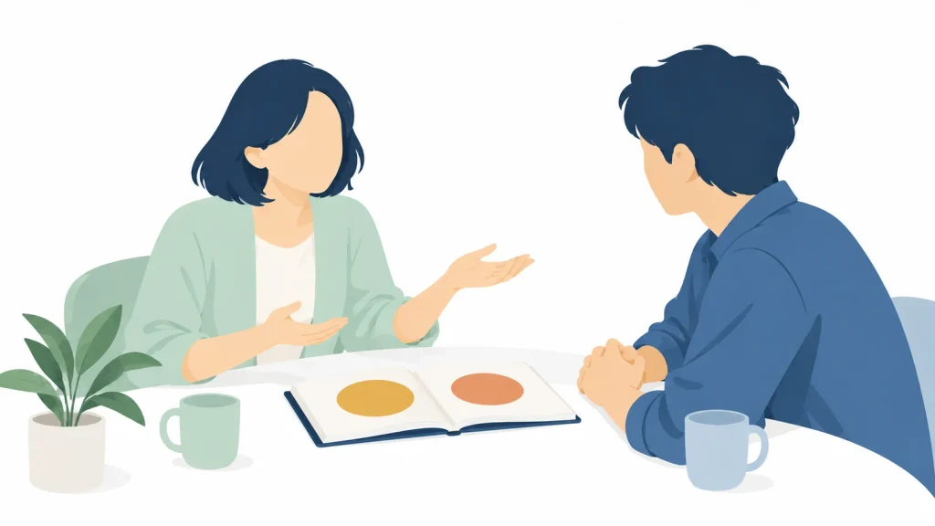 相手への反応から自分の気持ちに気づき、穏やかに感謝を伝える二人のイラスト