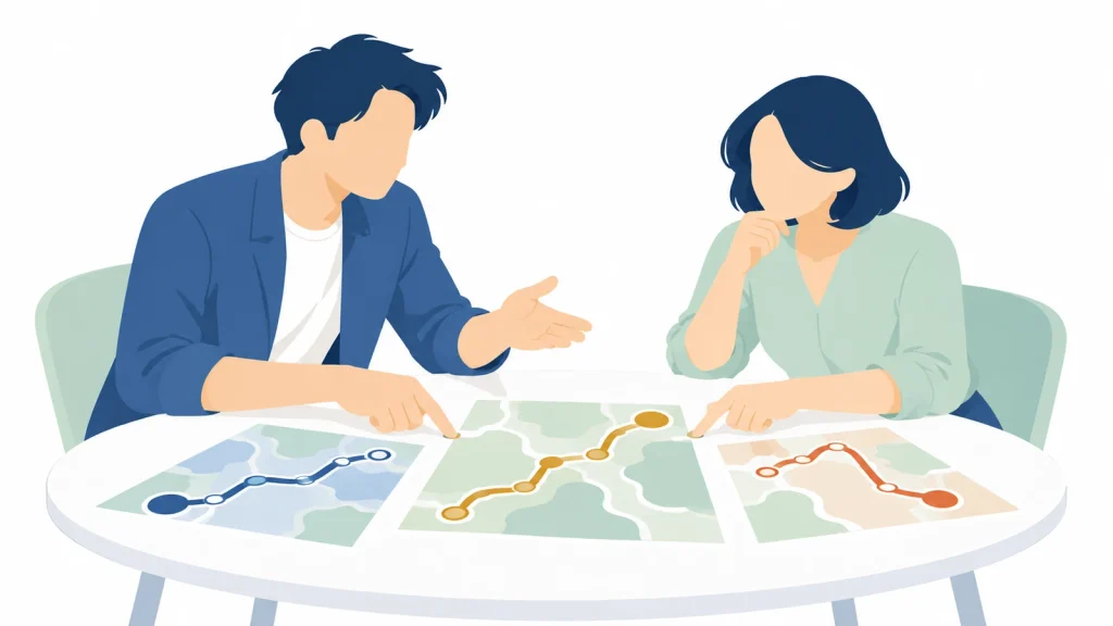 リーダーとメンバーが向き合い、異なる案を対話で検討するイラスト