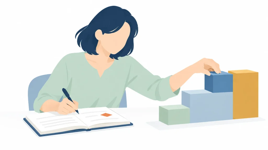 ノートを振り返りながら積み木を一段ずつ直して成長する人のイラスト