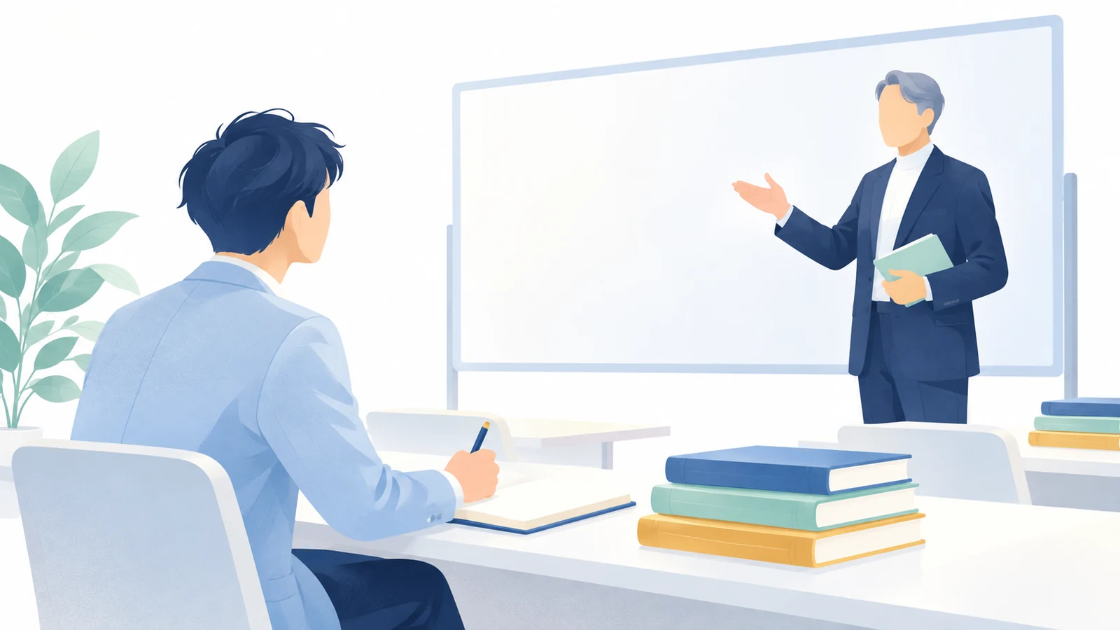 講座で学びノートを取る起業家と、教える先生。学び続ける姿勢