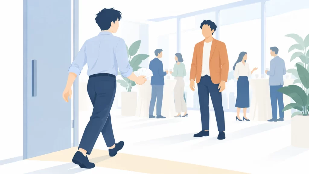 名刺を手に交流会へ一歩踏み出す起業家のイラスト