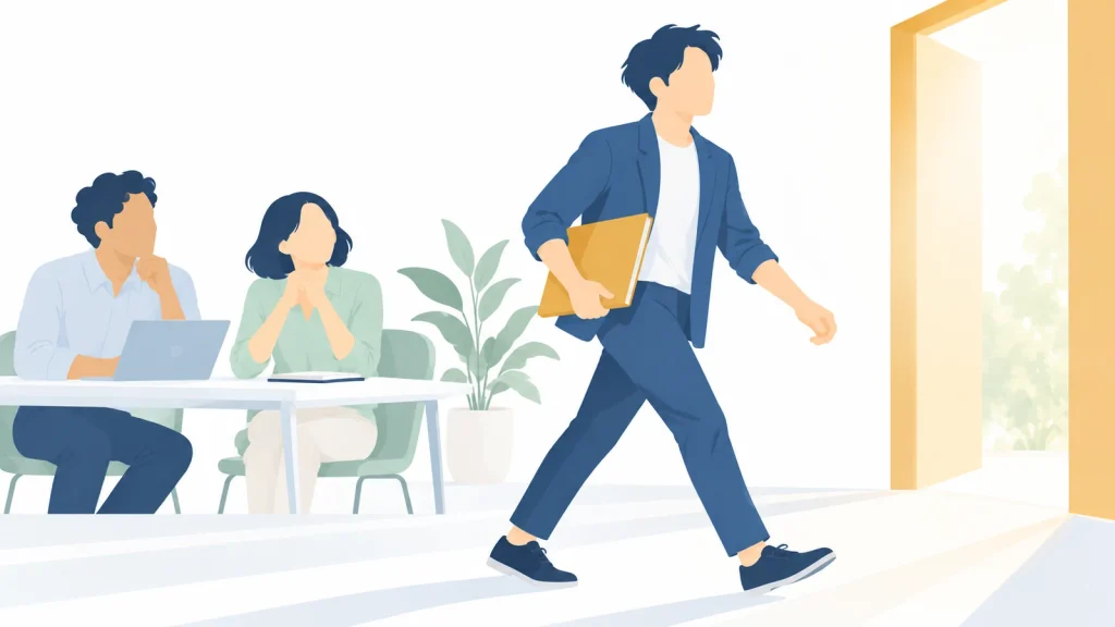 決意を行動に変え、仲間の前から新しい一歩を踏み出す起業家のイラスト