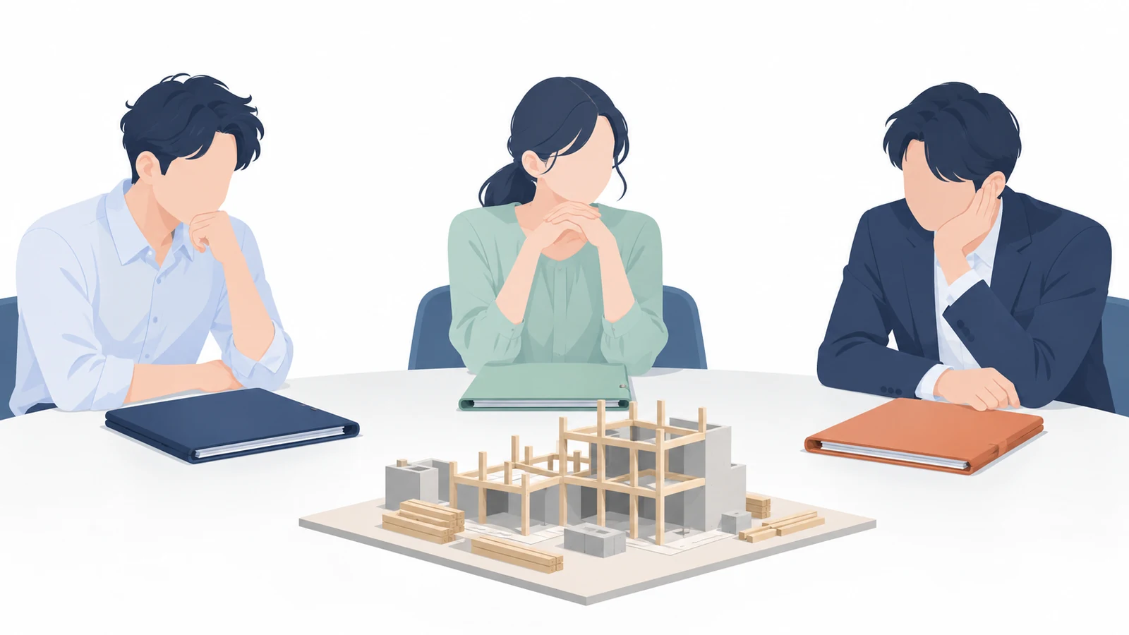 意見を出せずにいる3人と、手つかずの共同プロジェクト模型