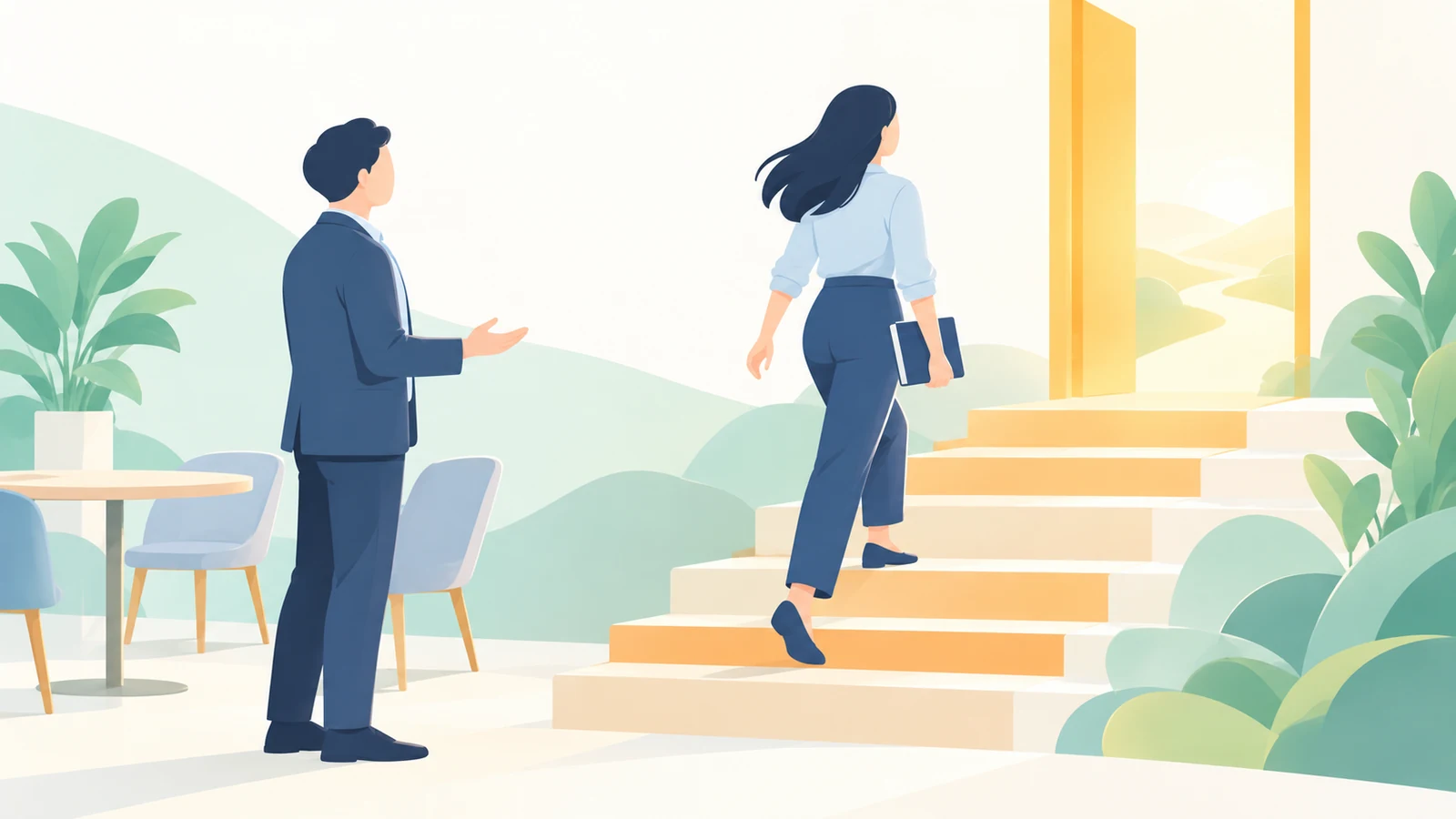 助言を受けた人がノートを持ち、目標へ続く階段を上るイラスト