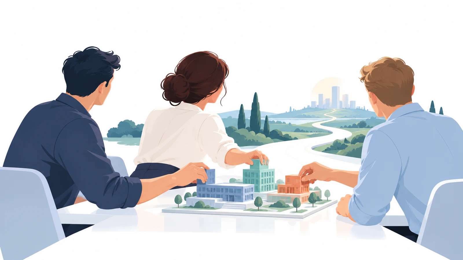 対話を重ねた3人が共同の計画模型を完成させる場面
